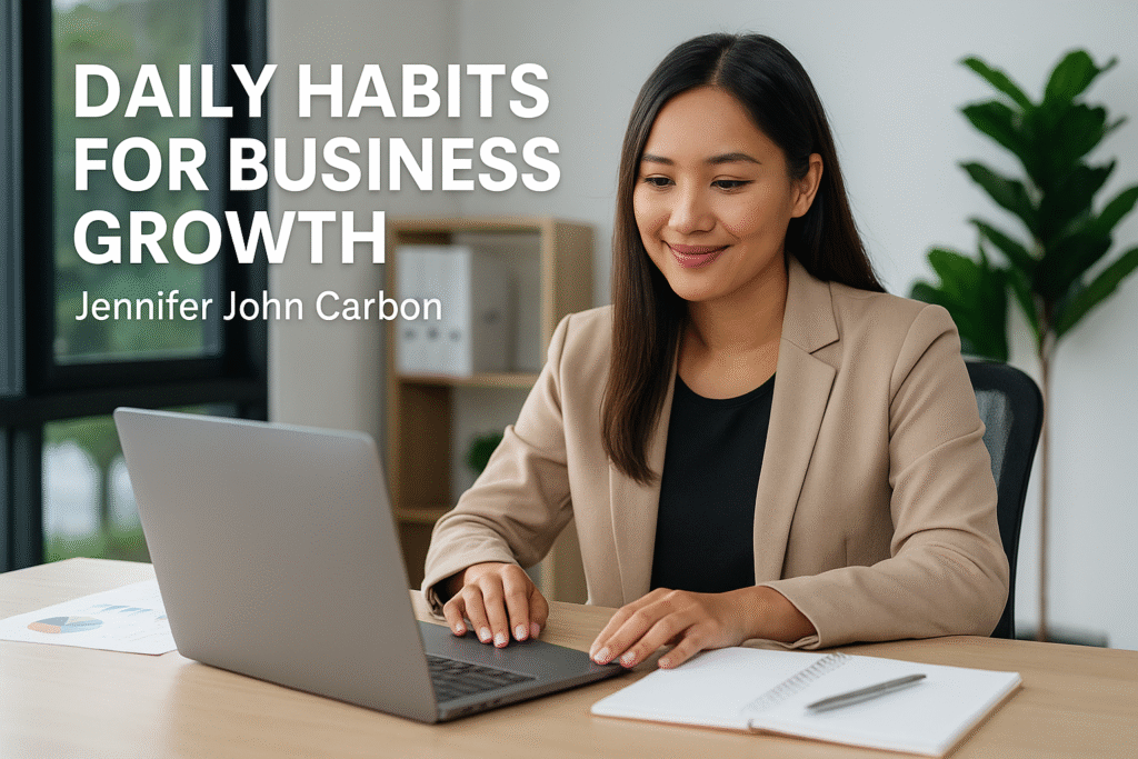 Female healthcare entrepreneur reviewing strategic plan on laptop as part of her daily habits for business growth