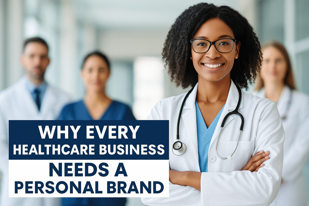 A Black female healthcare professional confidently standing in front of a digital backdrop with personal brand icons like a stethoscope, social media logos, and heartbeats, symbolizing the power of personal branding in healthcare.