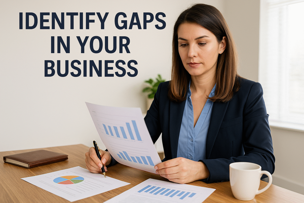 A professional woman, Jennifer John Carbon, reviewing printed business reports in a modern office to identify gaps in operations.