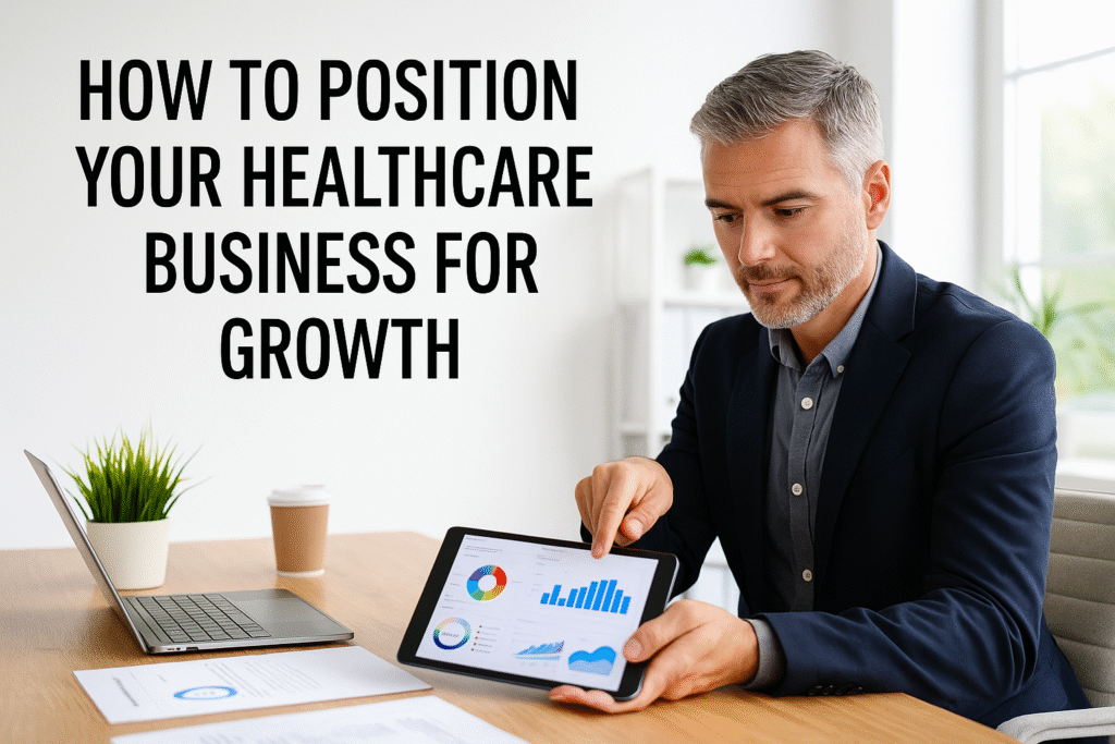 Healthcare business owner reviewing a digital growth strategy on a tablet