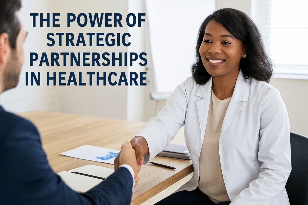 An African American female healthcare leader shaking hands with a business partner, symbolizing strategic partnerships in healthcare.