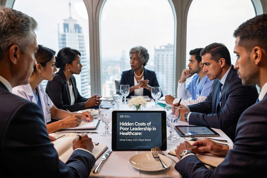 Healthcare executives discussing the hidden costs of poor leadership in healthcare during a strategy meeting.